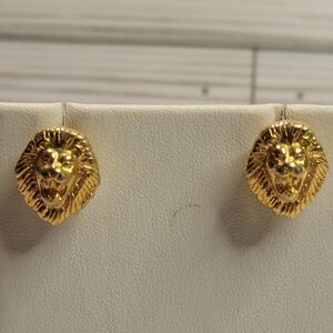 Vintage Kenneth Jay Lane Lion Head Gold Tone Statement Earrings